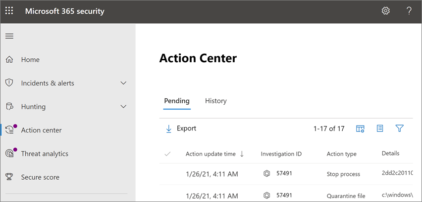 The Action center page in the Microsoft 365 Defender portal