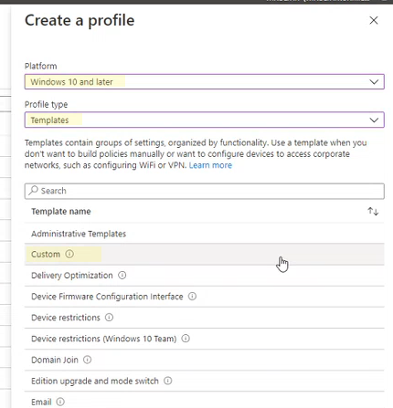 The rule profile attributes in the Microsoft Intune admin center portal.