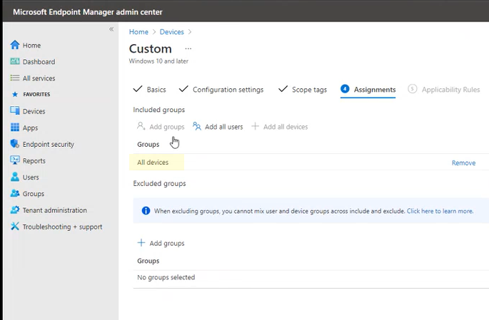 The assignments in the Microsoft Endpoint Manager admin center portal