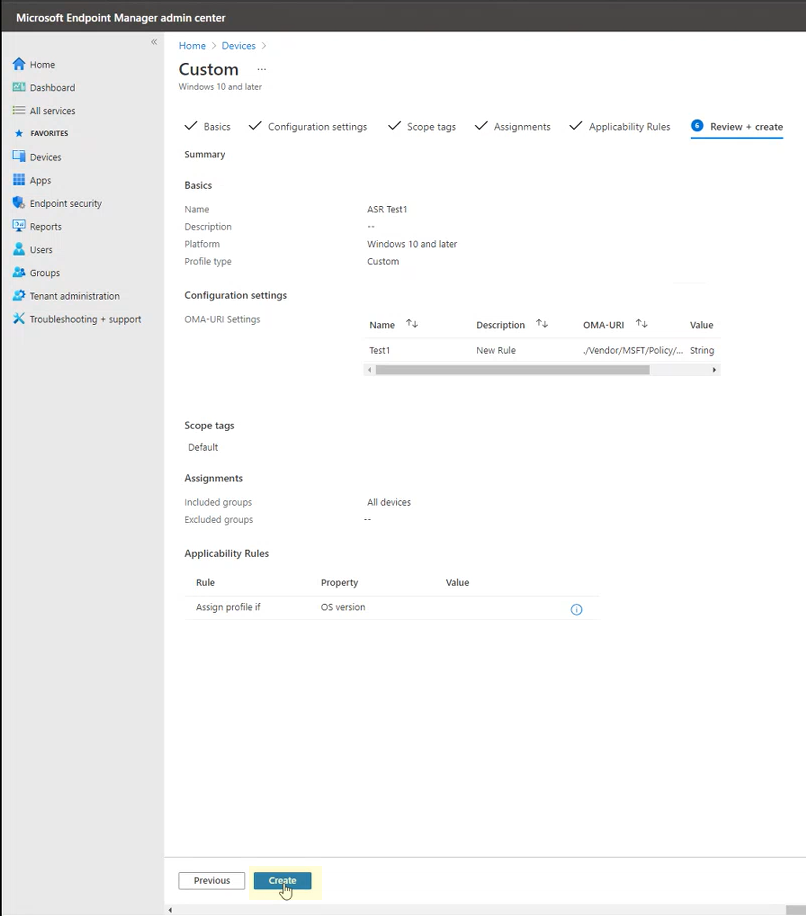 The Review and create option in the Microsoft Endpoint Manager admin center portal