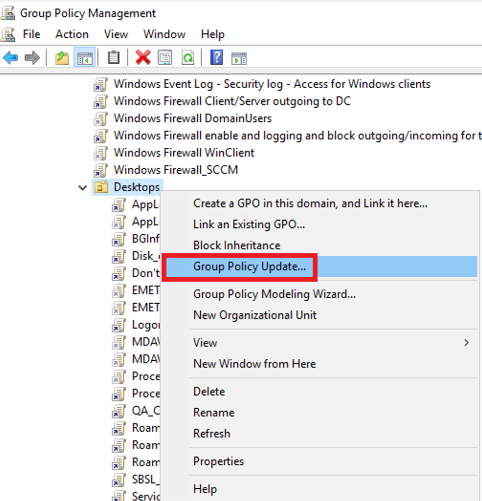 Screenshot that shows a screen capture of the Group Policy Management console, initiating a forced update.