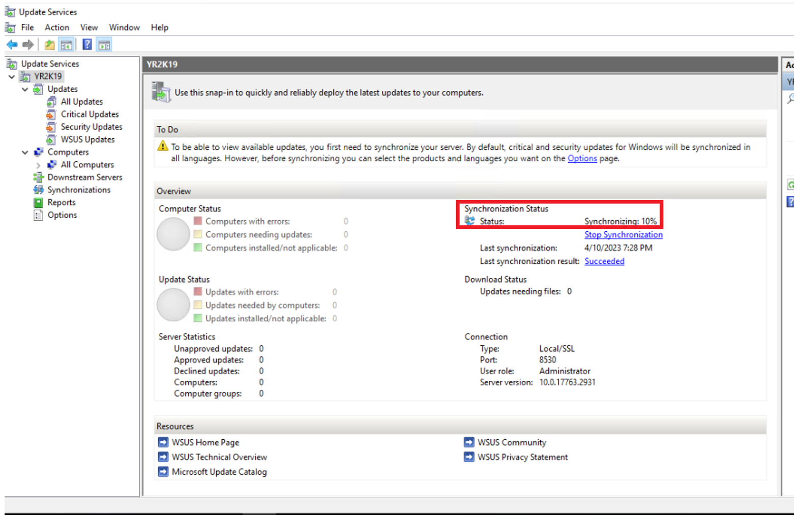 Screenshot that shows a screen capture of the Update Services snap-in console with YR2K19 shown.
