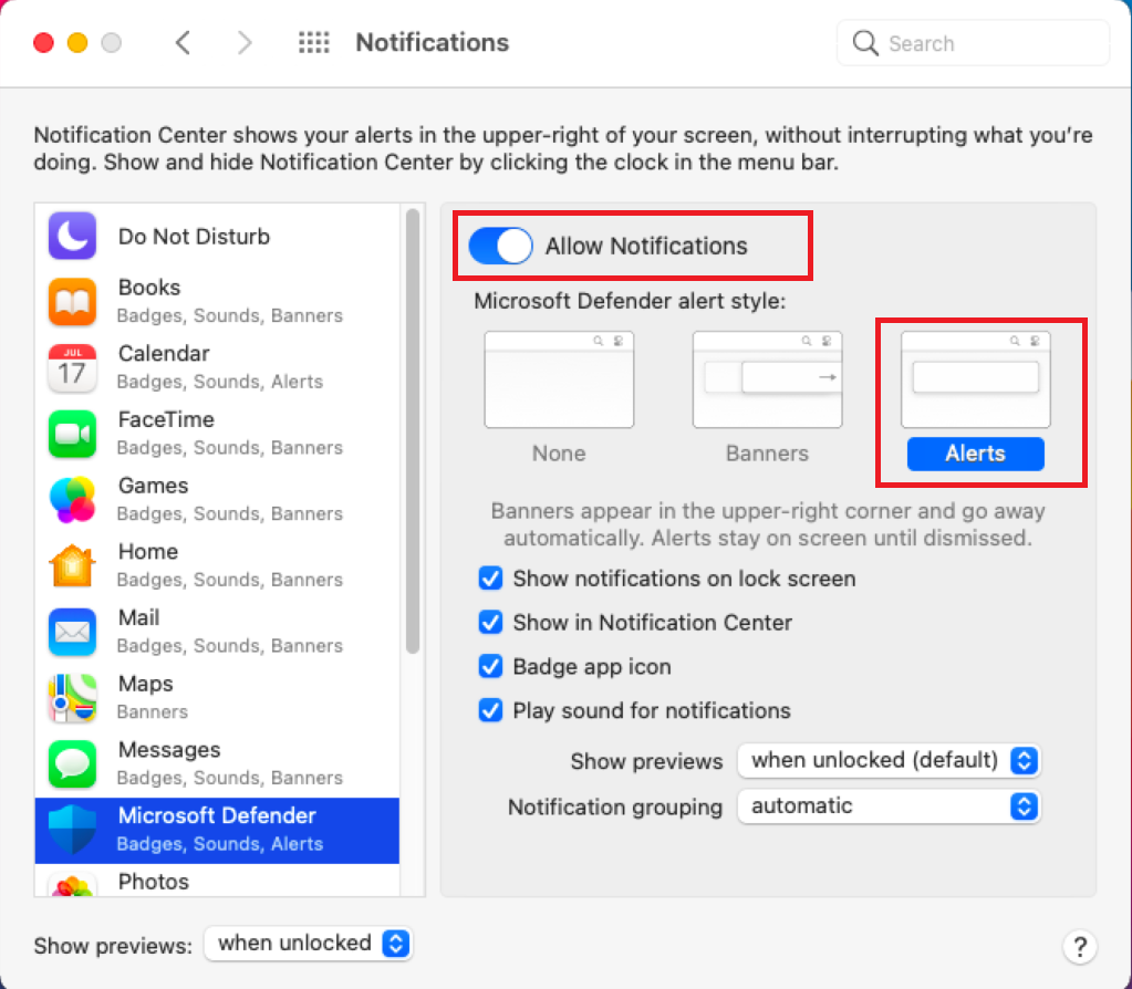 Selecting Microsoft Defender option from the Notifications screen.