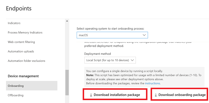 The options to download the installation and onboarding packages