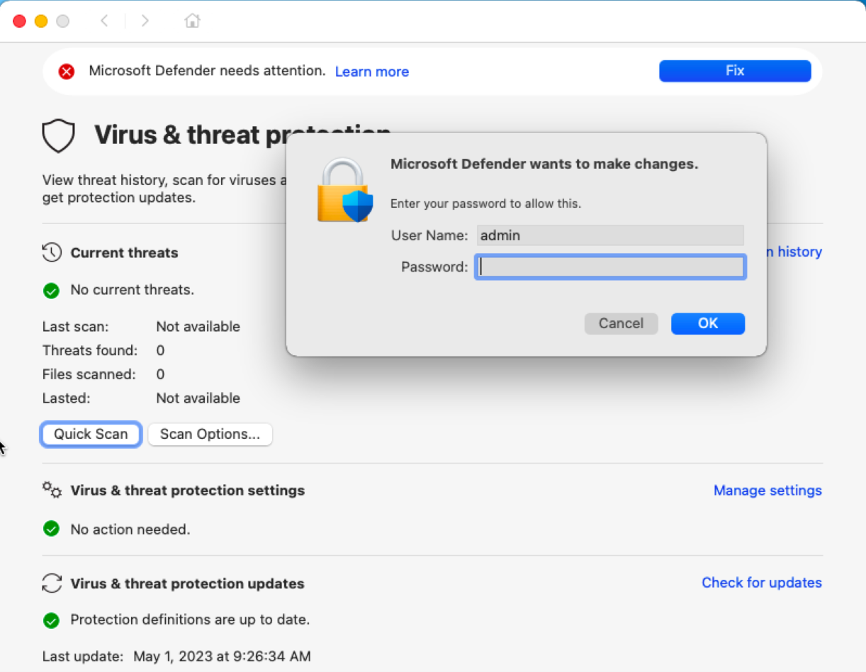 The prompt dialog box on the Virus & threat protection screen.