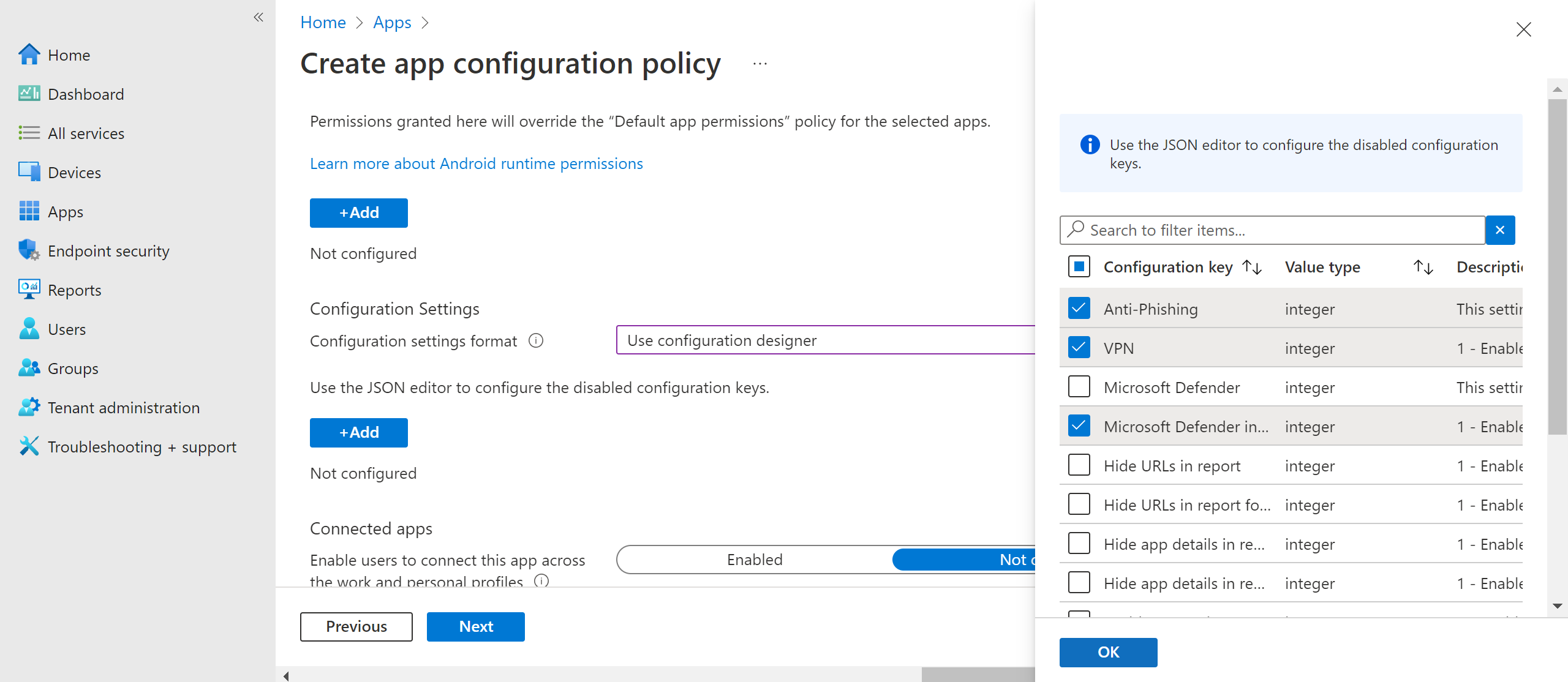 Image of selecting configuration policies for android.