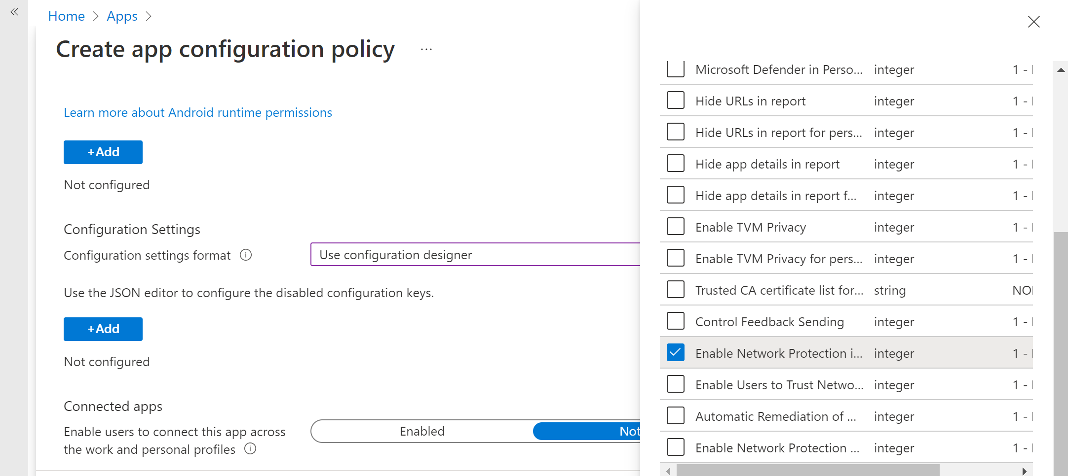 Image of how to select enable network protection policy