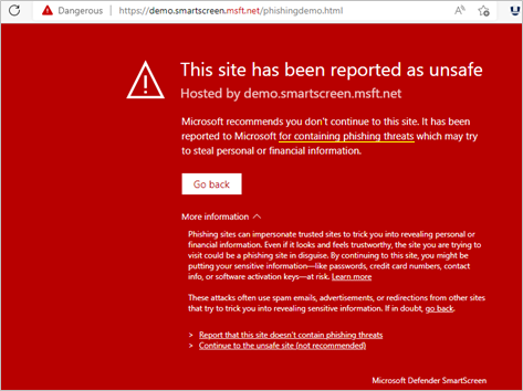 SmartScreen reports the site is known for containing phishing threats