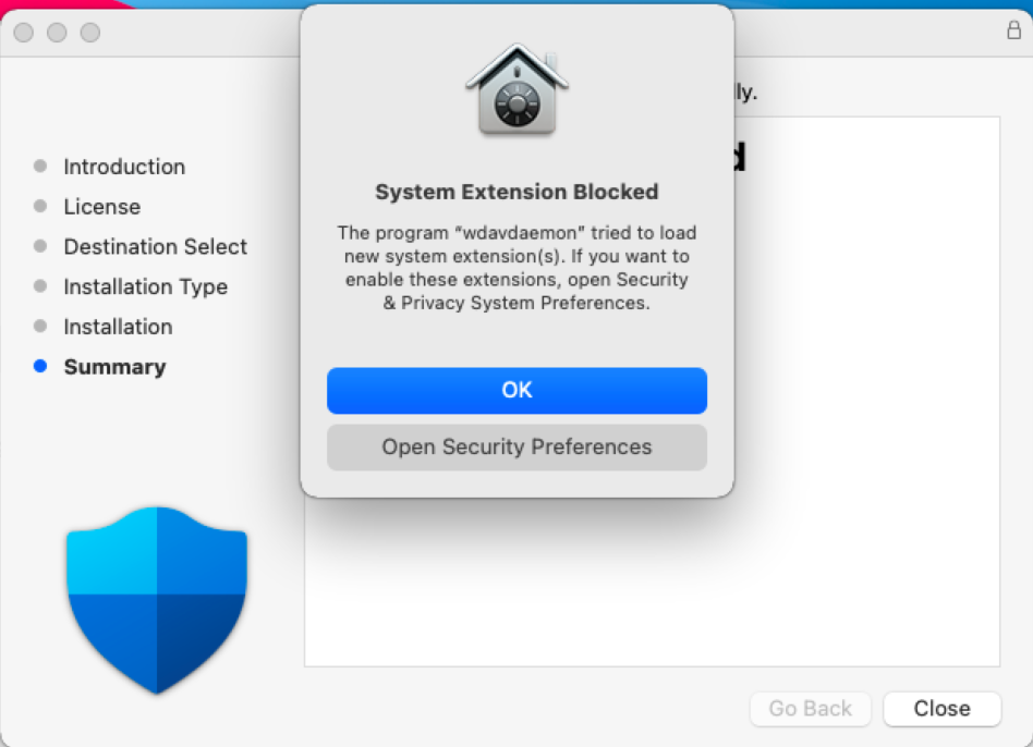 The system extensions blocked prompt screen.