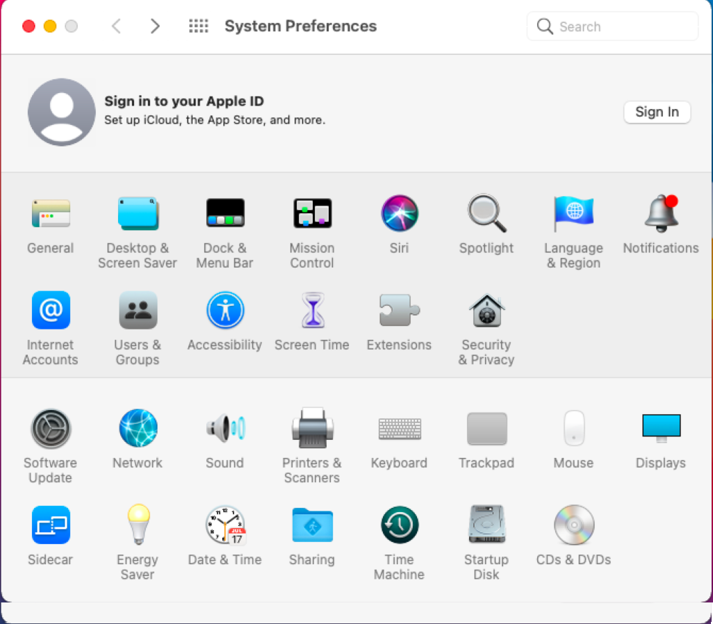 The System Preferences screen.