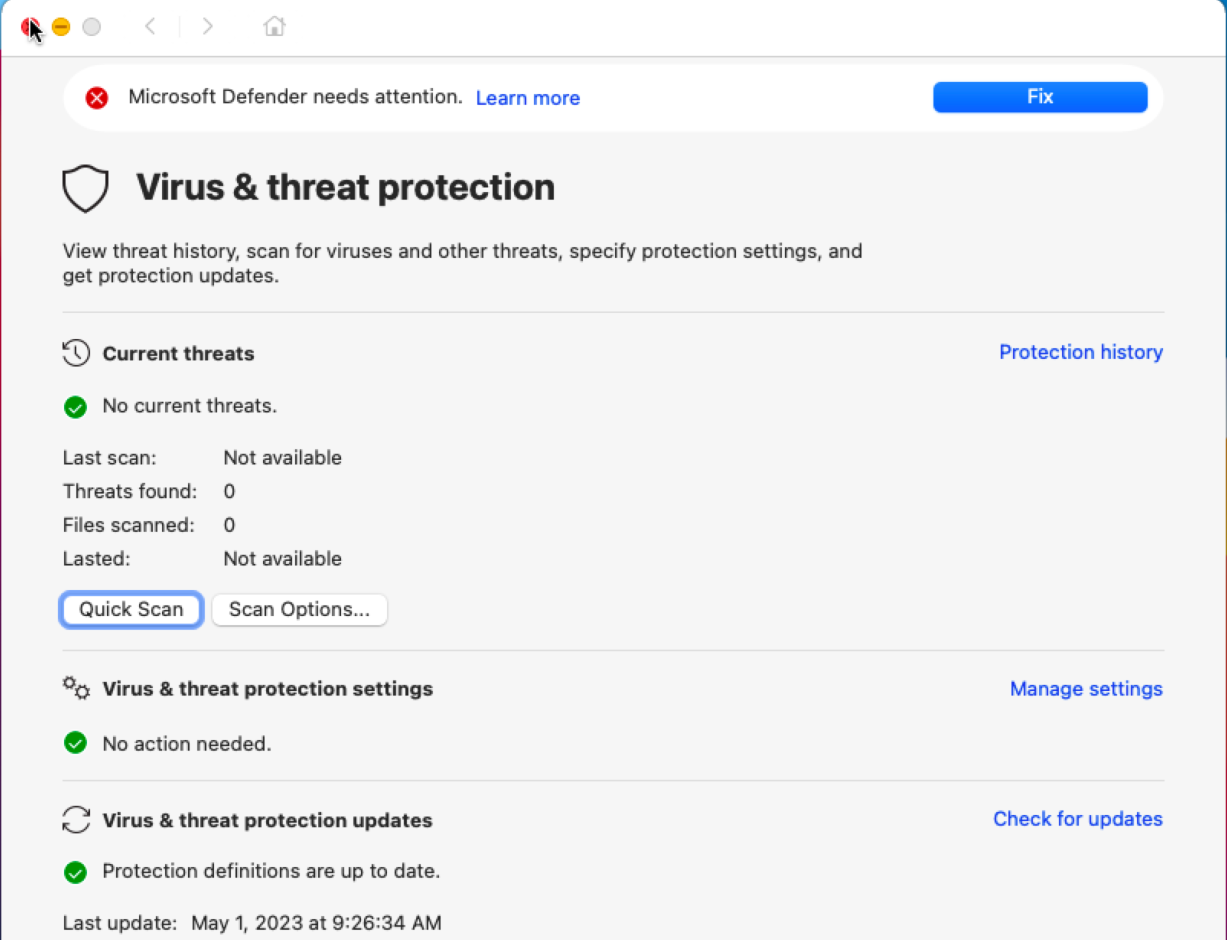 The Virus & threat protection screen containing the Fix button.