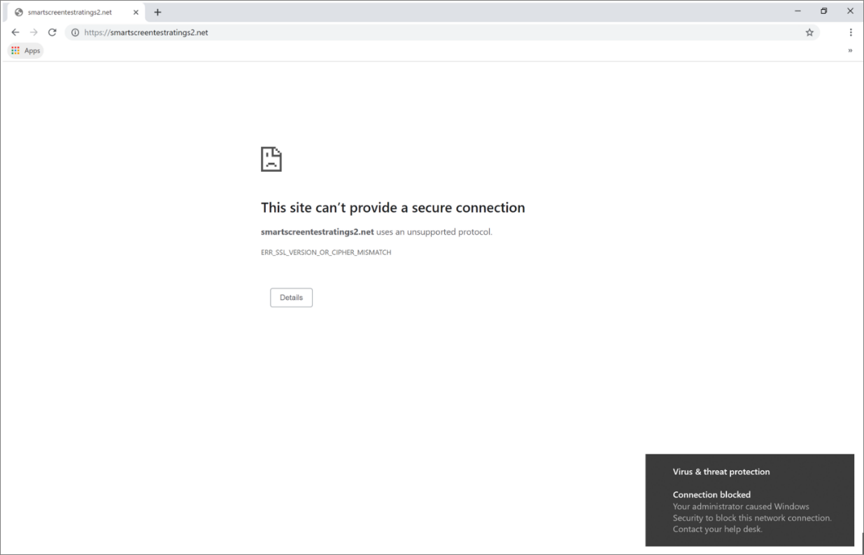 The Chrome web browser showing a secure connection warning, and the Windows notification