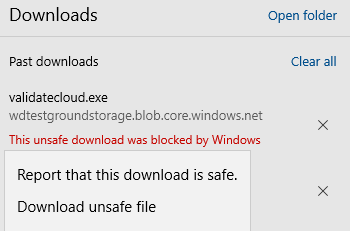 Lists the download as unsafe, but provides an option to proceed with the download