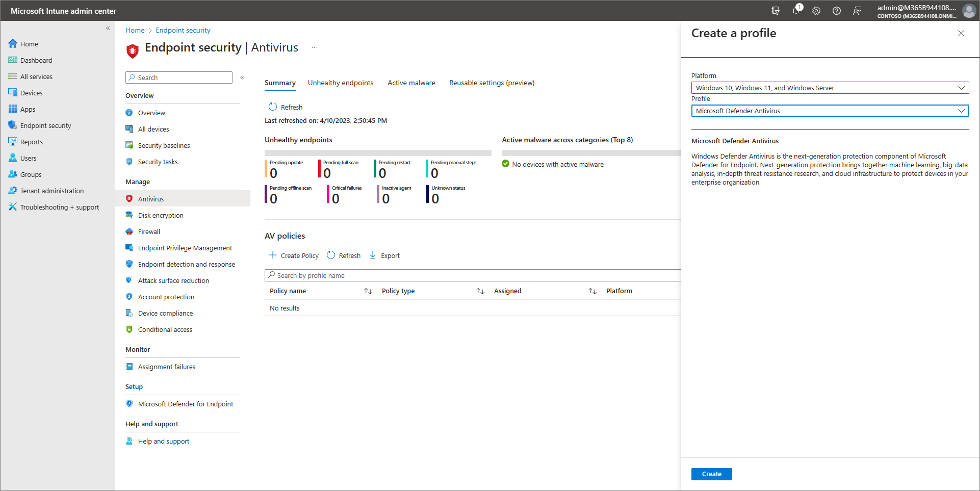 Screenshot of new MDAV policy creation in Intune.