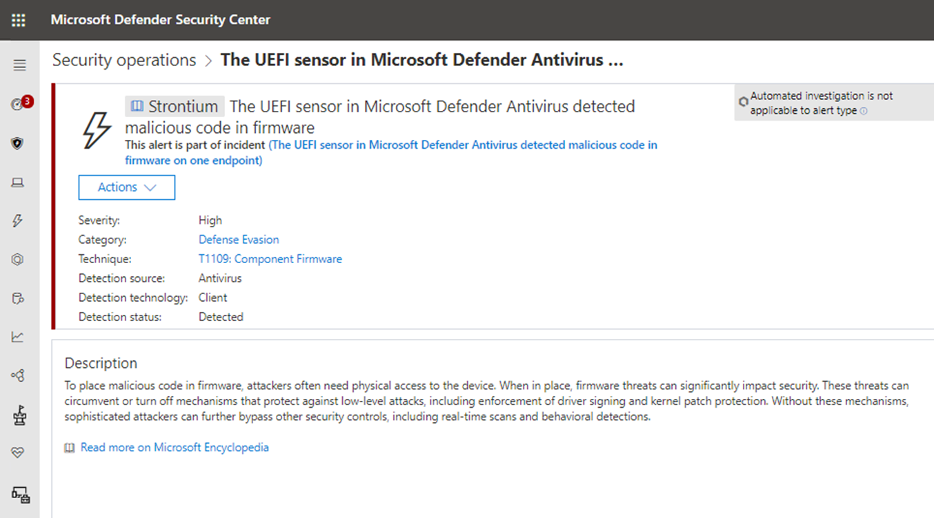 Screenshot that shows Defender for Endpoint alert detecting malicious code