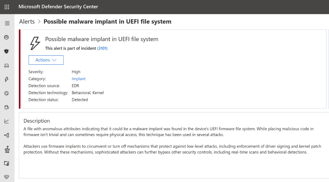 Screenshot that shows Defender for Endpoint alert for malware implant in UEFI
