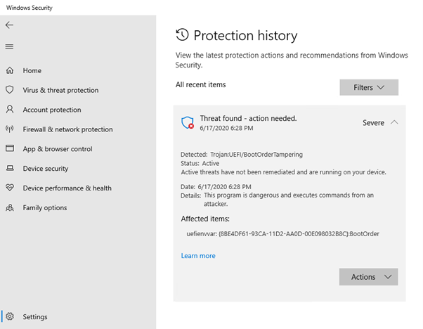 Screenshot that shows Windows Security notification for malicious content in NVRAM