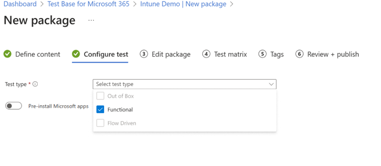 Screenshot of configure test in new package page.