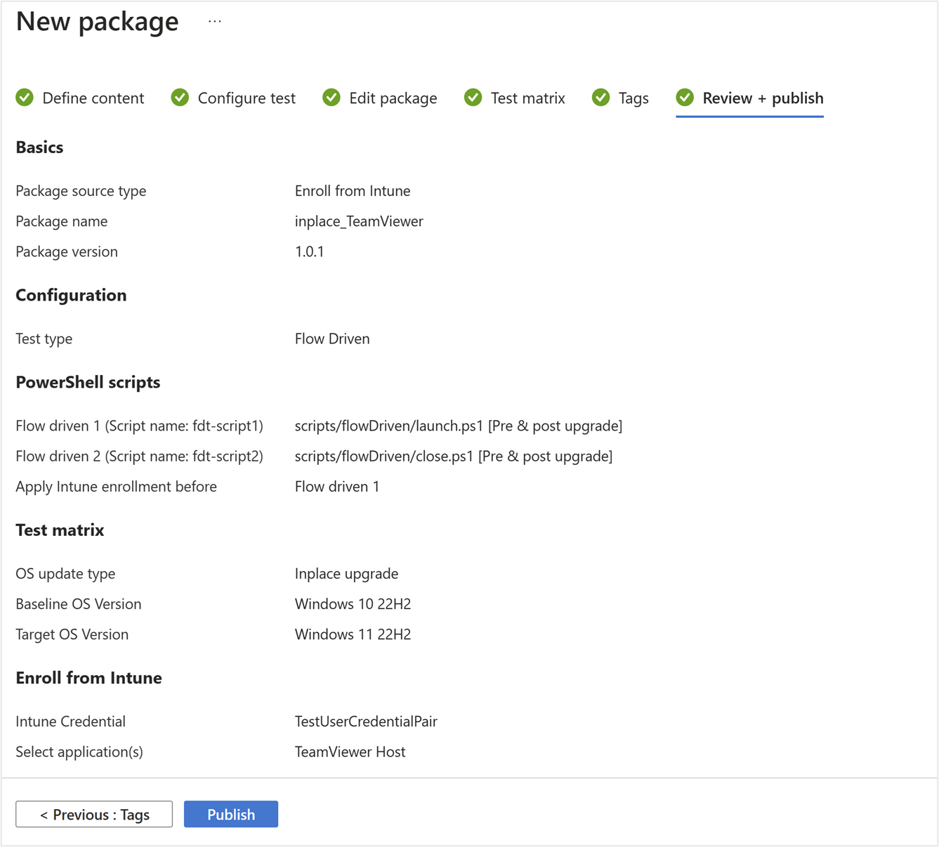Screenshot of review page of flow driven test.