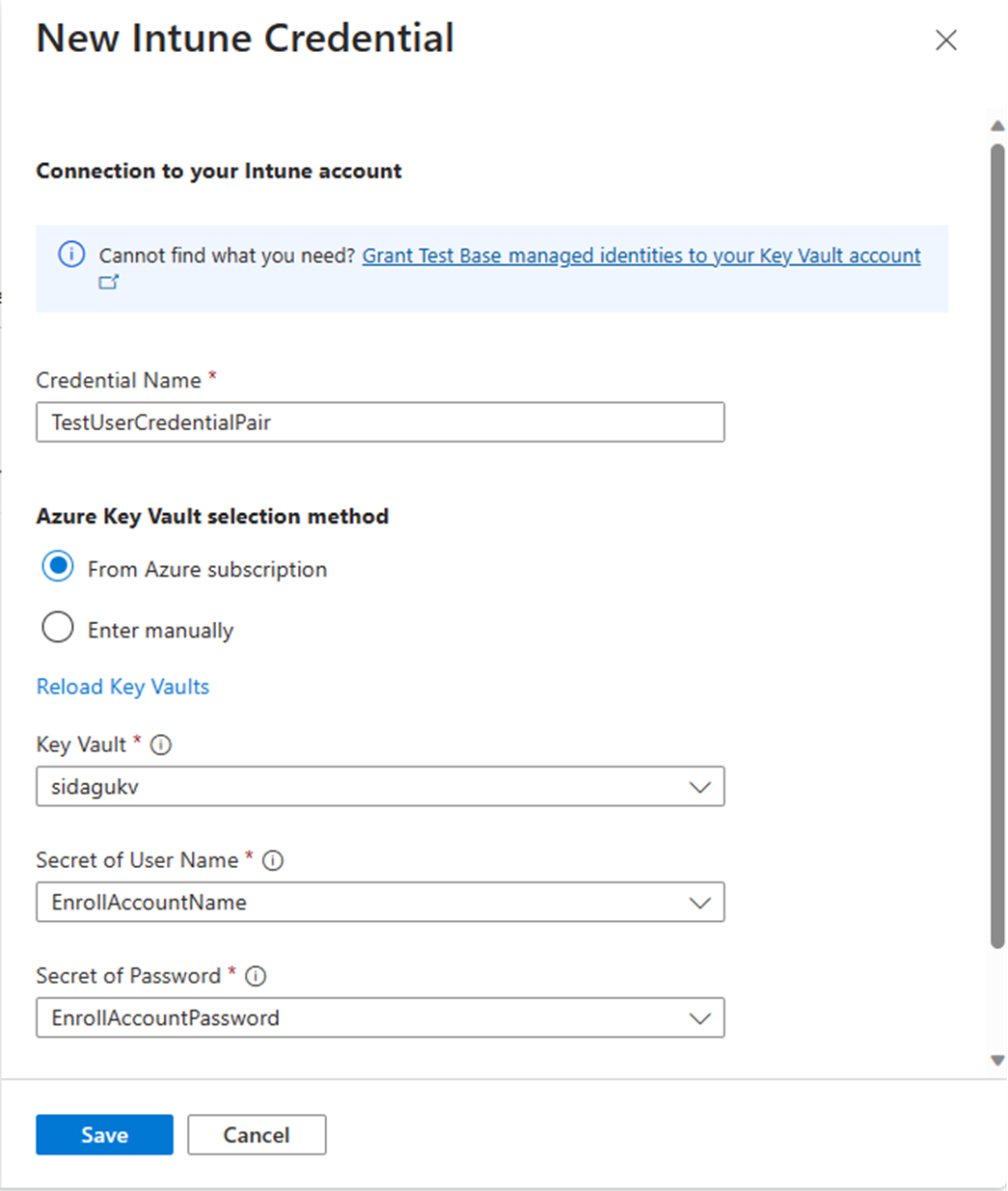 Screenshot of the new intune credentials page.
