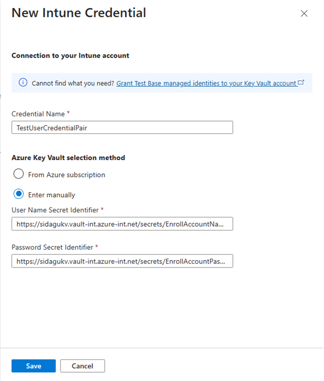 Screenshot of the new intune credentials page when choose enter manually.