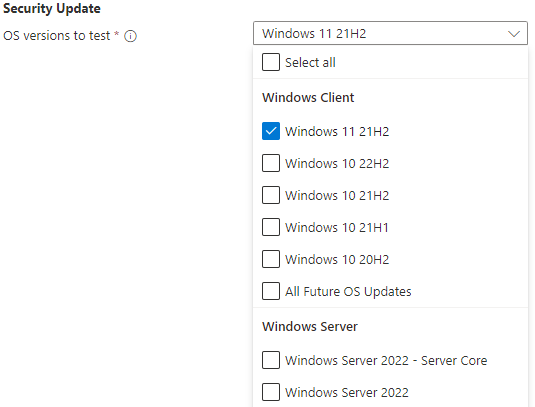 Screenshot shows Set test matrix configure securityupdate.