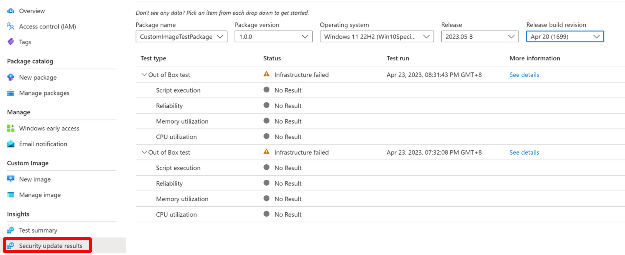 Screenshot of the page of "Security update results".