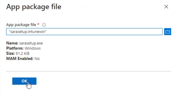 Screenshot to select the Ok option on the App package file page.
