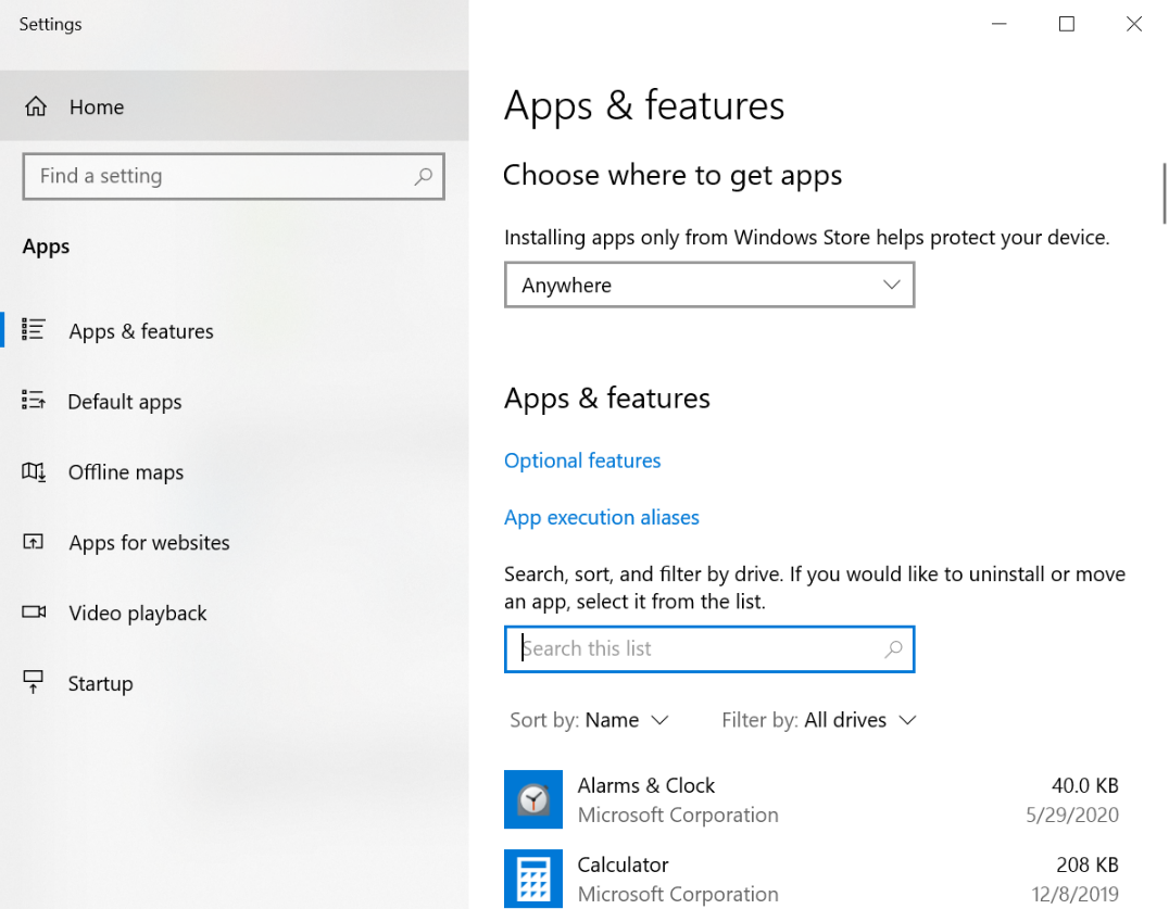 Screenshot shows steps to select Apps & features.