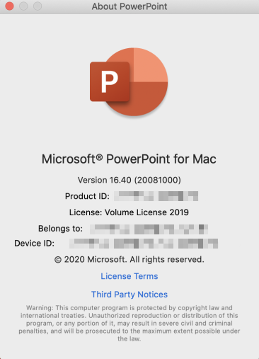 Screenshot shows the license type after selecting About PowerPoint.