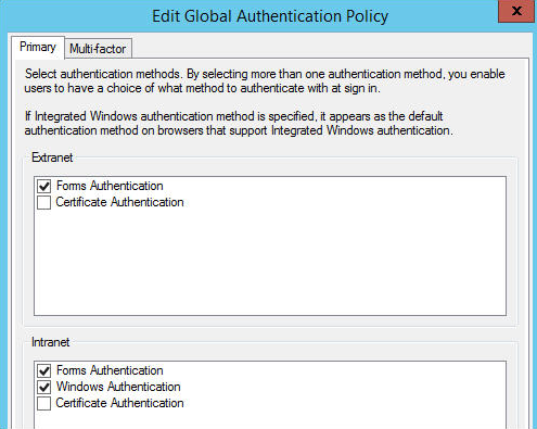 Screenshot of the Edit Global Authentication Policy dialog box, showing the Forms Authentication check boxes.