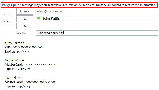Screenshot of an email message, showing a D L P policy that is applied successfully.