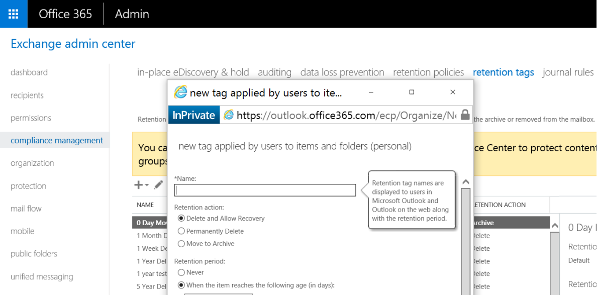 Screenshot of creating the New Retention Tag page.