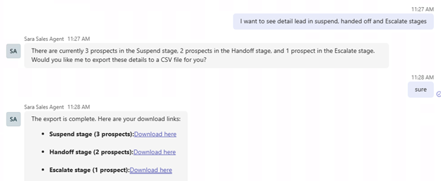 Screenshot of Sales Development agent providing a CSV export option for terminal-stage prospects