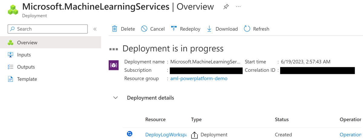 Deployment in Progress Azure Machine Learning Workspace in the Azure portal
