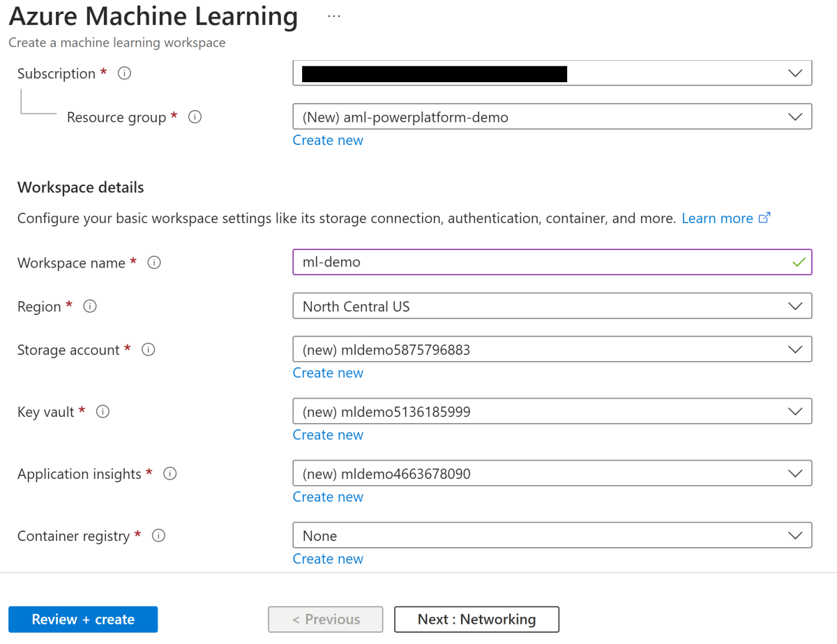Configuration of an Azure Machine Learning Workspace in the Azure portal