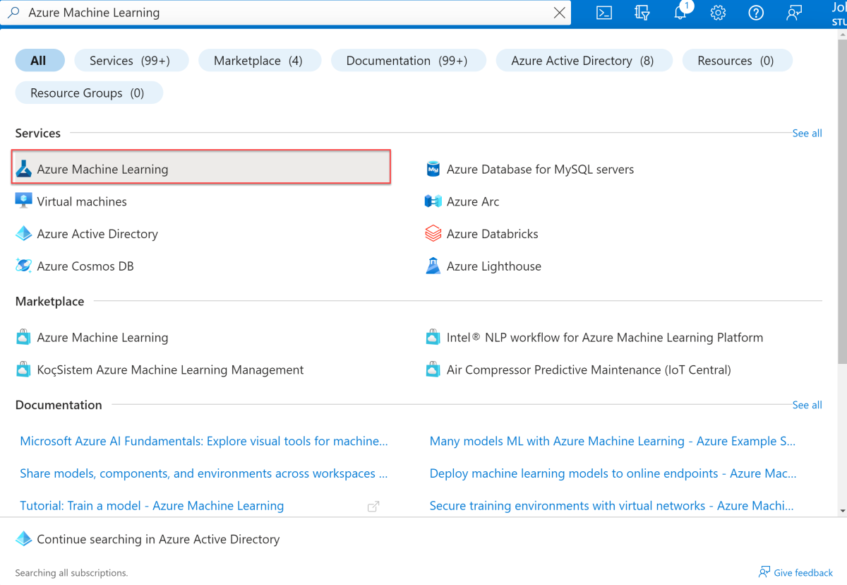 Azure Machine Learning Service in the Azure portal