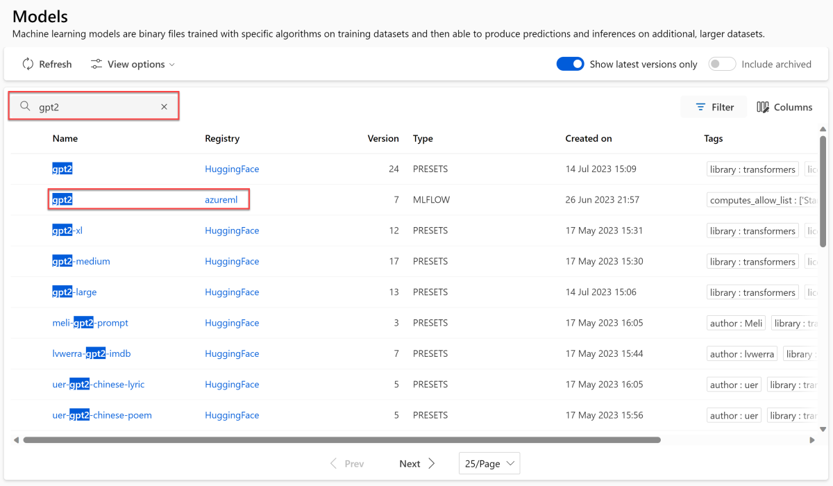 Searching for GPT-2 model in the Azure Machine Learning Workspace Models Page