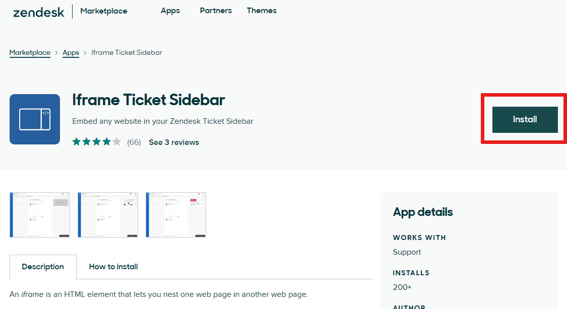 Screenshot of the Iframe Ticket Sidebar page and location of the install button.