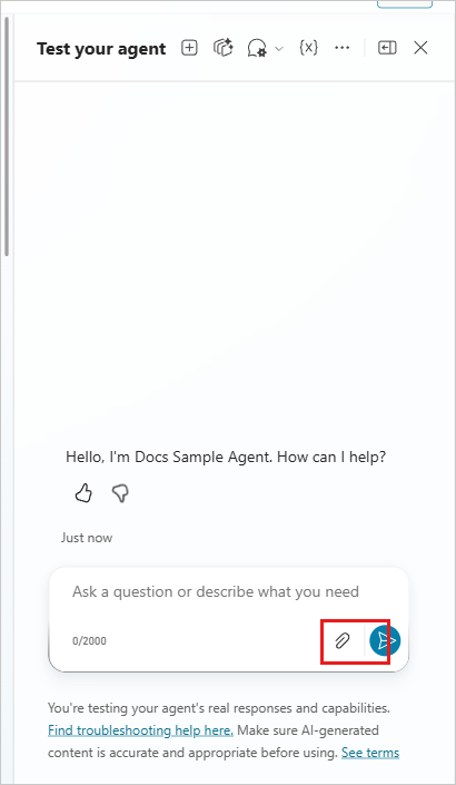 Screenshot of the message composer in the Test your agent pane in Copilot Studio, showing the attachment icon.