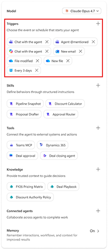 Screenshot of the agent configuration panel in Copilot Studio with the Triggers section highlighted, showing triggers such as Chat with the agent and New email.