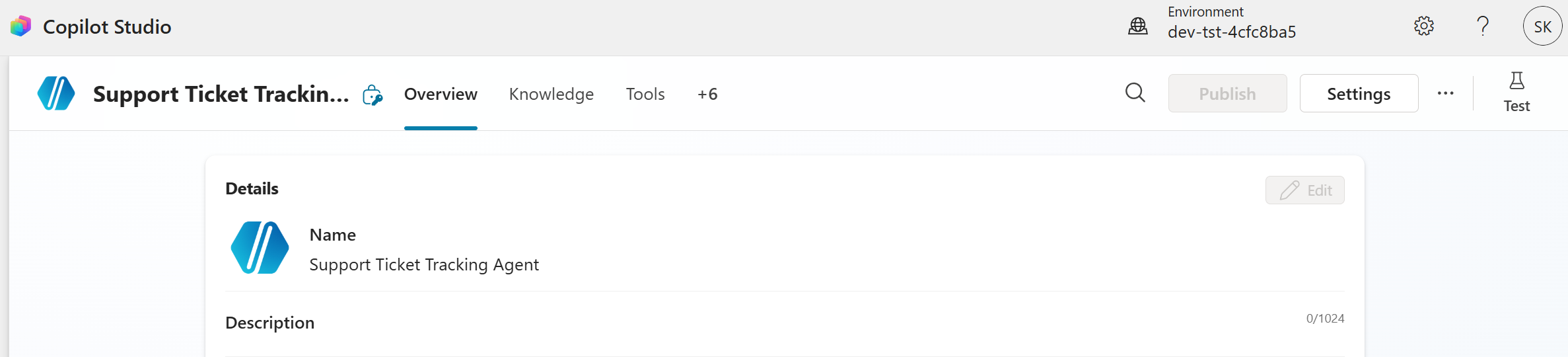 Screenshot of Copilot Studio showing agent details, tabs, and Publish and Settings buttons.
