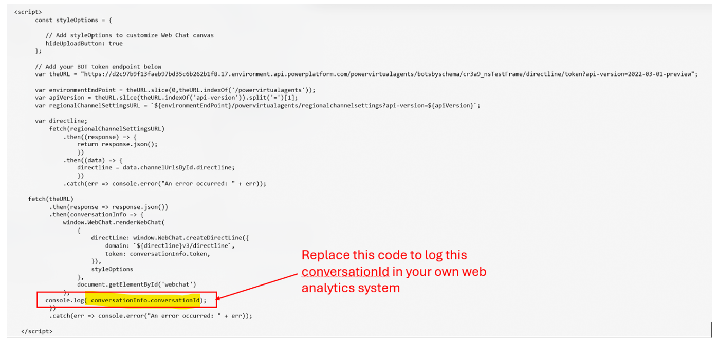 Screenshot of JavaScript code highlighting the console.log parameter referencing conversationInfo.conversationId.