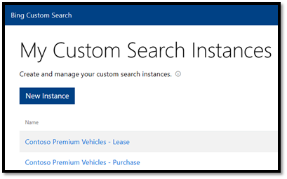 Screenshot of the Bing Custom Search dialog.