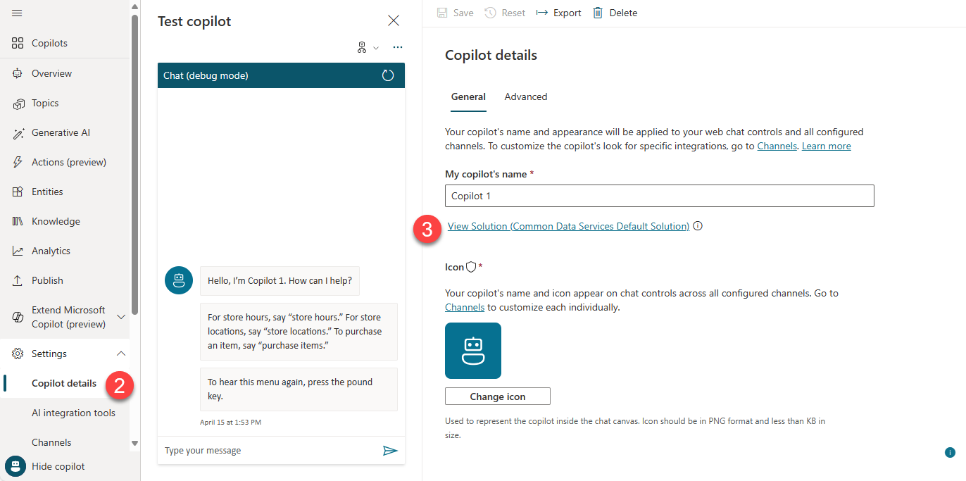 Screenshot of the Copilot Studio UI displaying the details of the copilot that will have its ownership reassigned.