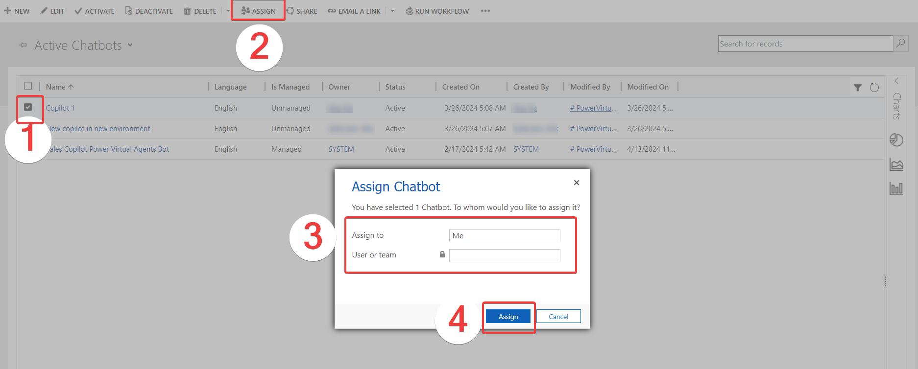 Screenshot of the four steps to assign ownership of the copilot to a new user.