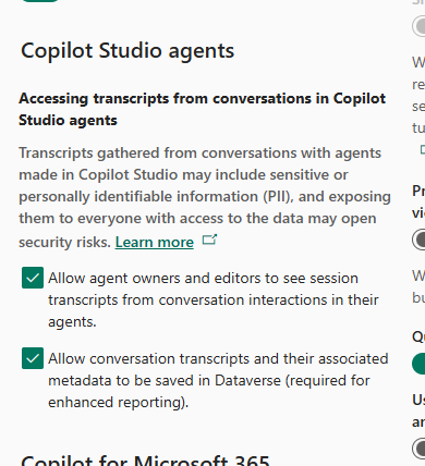 Screenshot of Copilot Studio settings section for environments in the Power Platform admin center.