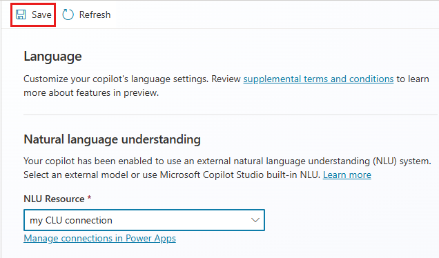 Screenshot showing an external NLU resource, in the Natural language understanding area of the Language settings page.