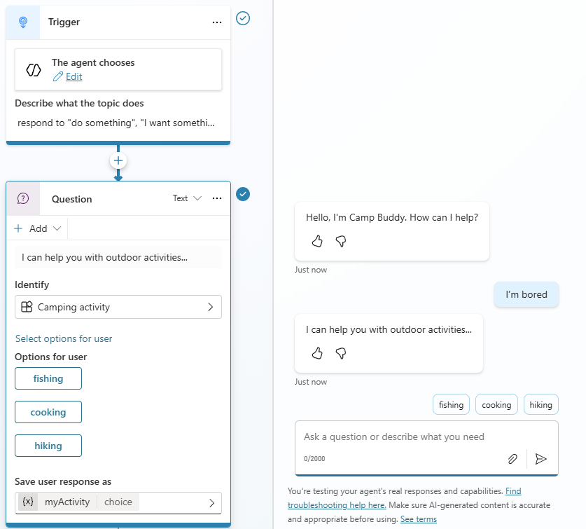 Screenshot of camping activity options in the test panel with tracking between topics turned on.
