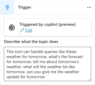 Trigger node with a description for a topic in a copilot with generative orchestration of topics and actions.